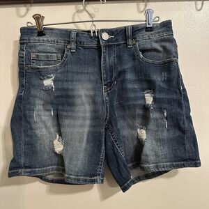 Womens Shorts Indigo Rein Blue Denim Size 7 Yellow Thread Contrast Light Stretch